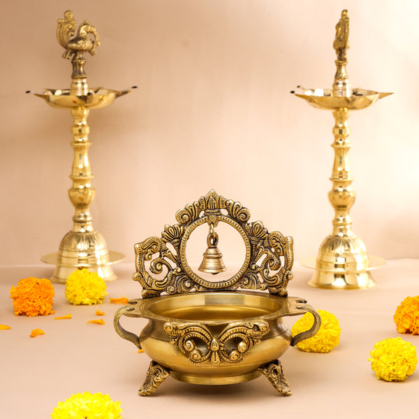 Brass Hand-Carved Urli With Bell (7 Inch)