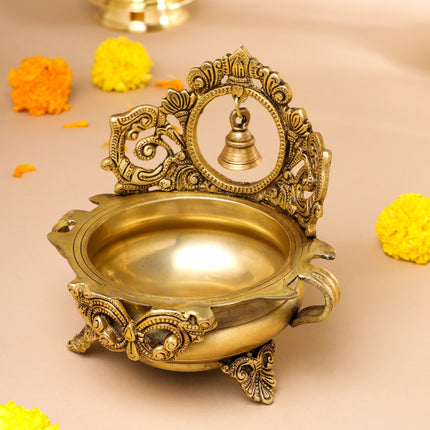 Brass Hand-Carved Urli With Bell (7 Inch)