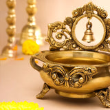 Brass Hand-Carved Urli With Bell (7 Inch)