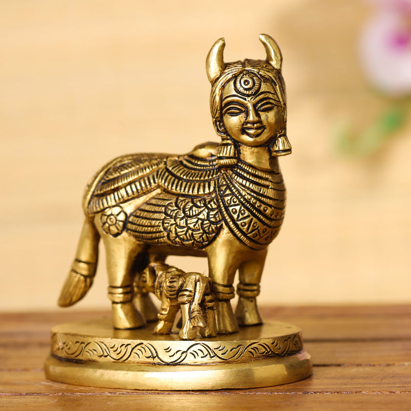 Brass Superfine Cow With Calf Idol (4.5 Inch)