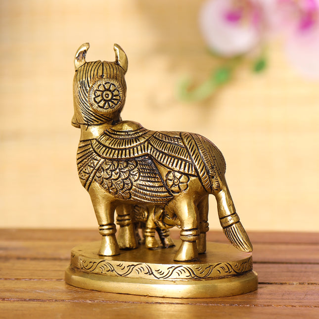 Brass Superfine Kamdhenu Cow With Calf Idol (4.5 Inch)