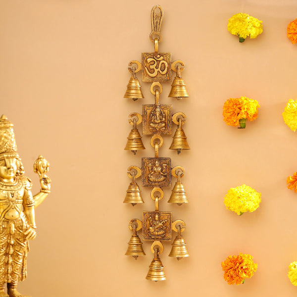 Brass Om, Ganesha, Lakshmi And Saraswati Hanging Bell (16 Inch)