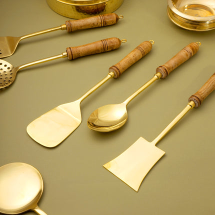 Brass Kitchen Ladles With Wooden Handle (14.5 Inch)