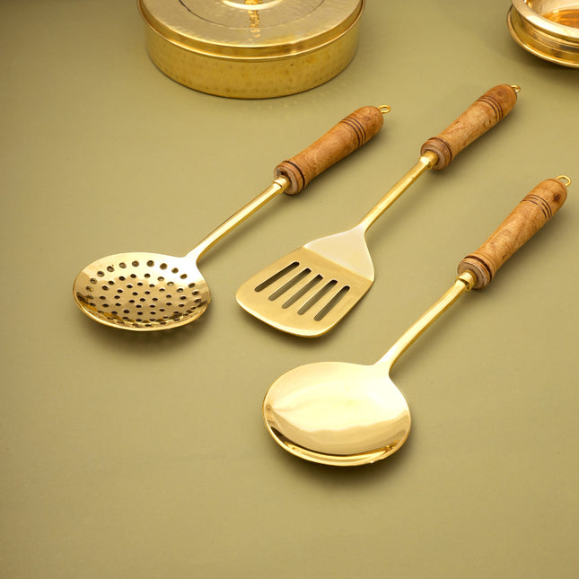 Brass Kitchen Ladles With Wooden Handle Set (14.5 Inch)