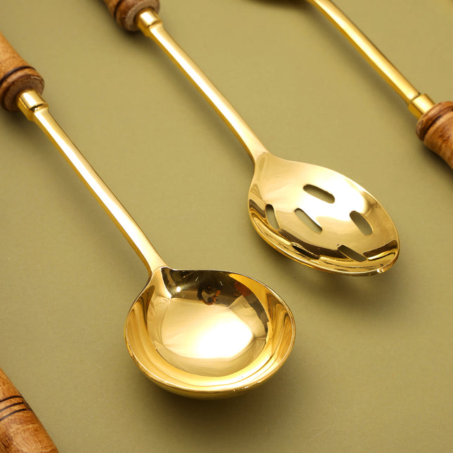 Brass Kitchen Ladles With Wooden Handle Set (14.5 Inch)