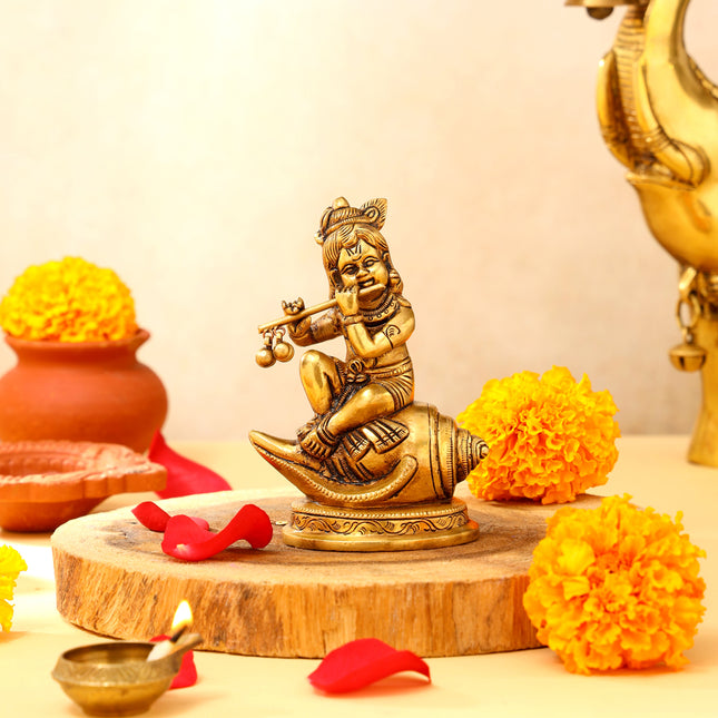 Brass Superfine Lord Krishna Sitting On Conch (5 Inch)