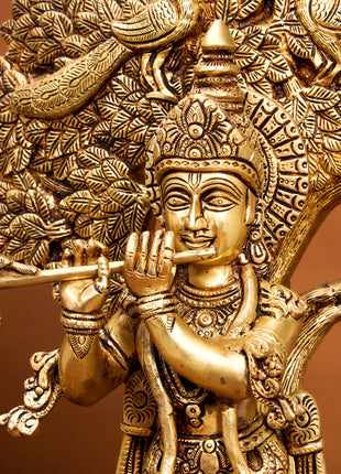 Brass Lord Krishna Statue With Tree (18.5 Inch)
