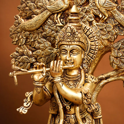 Brass Lord Krishna Statue With Tree (18.5 Inch)