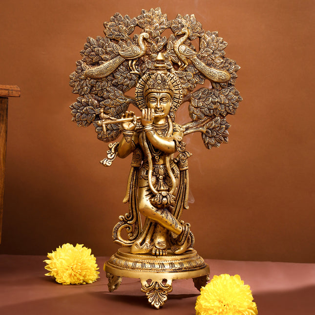 Brass Lord Krishna Statue With Tree (18.5 Inch)