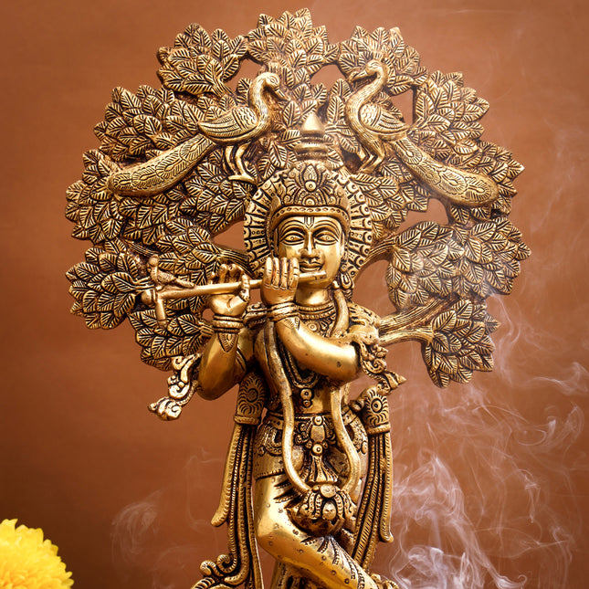 Brass Lord Krishna Statue With Tree (18.5 Inch)