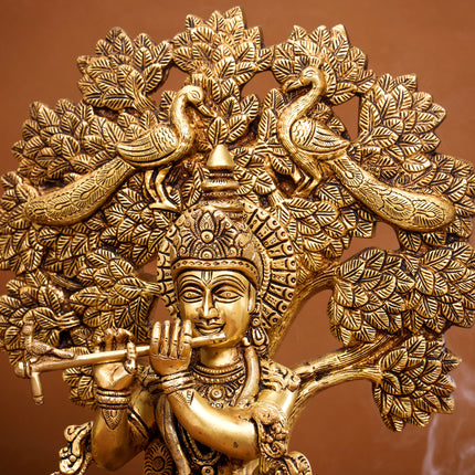 Brass Lord Krishna Statue With Tree (18.5 Inch)