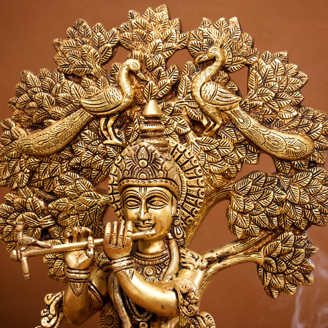 Brass Lord Krishna Statue With Tree (18.5 Inch)