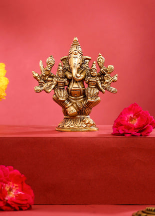 Brass Ganesha With Riddhi Sidhhi Idol (4 Inch)