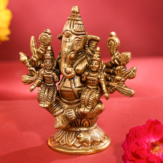Brass Ganesha With Riddhi Siddhi Idol (4 Inch)