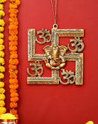 Brass Ganesha On Swastik With OM Wall Hanging (8.5 Inch)