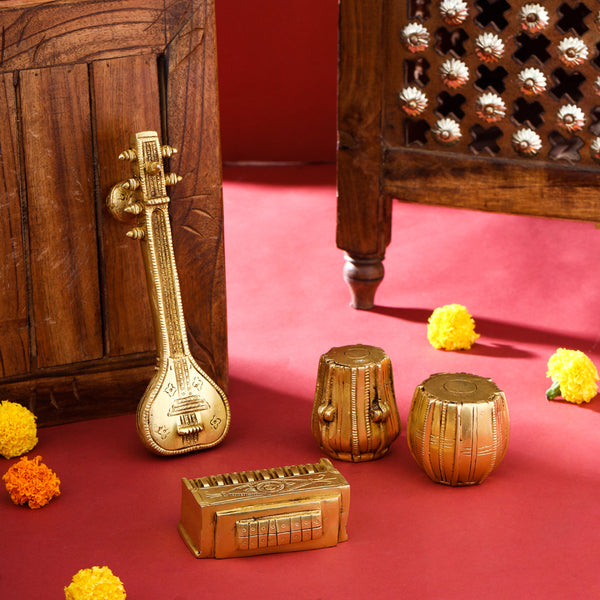 Brass Tabla, Dugi, Sitar And Harmonium Decor Set