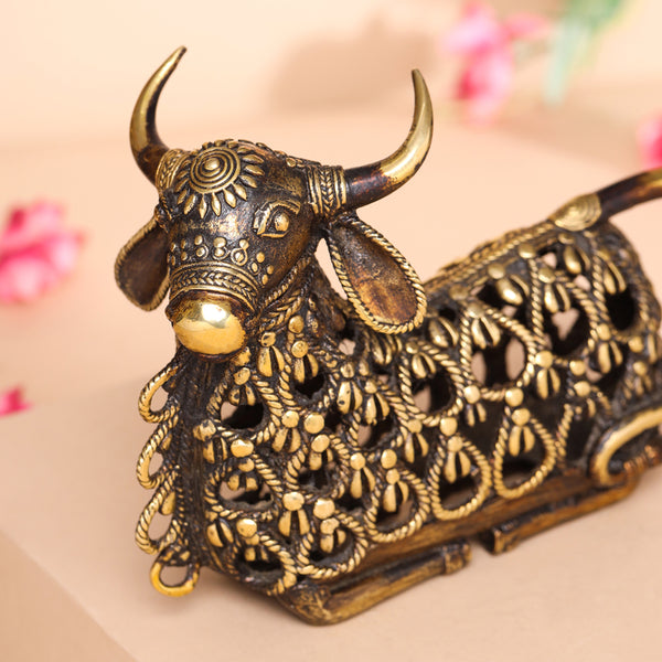 Brass Dhokra Sitting Jali Cow Idol (6 Inch)