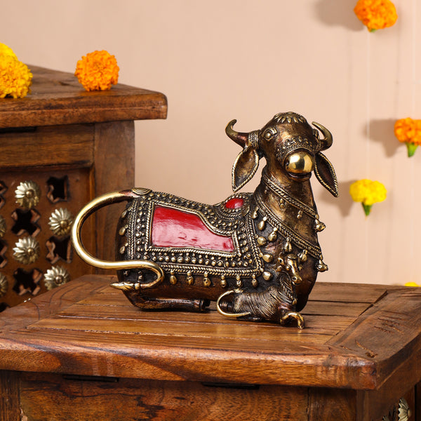 Brass Dhokra Sitting Cow With Calf Idol (6 Inch)