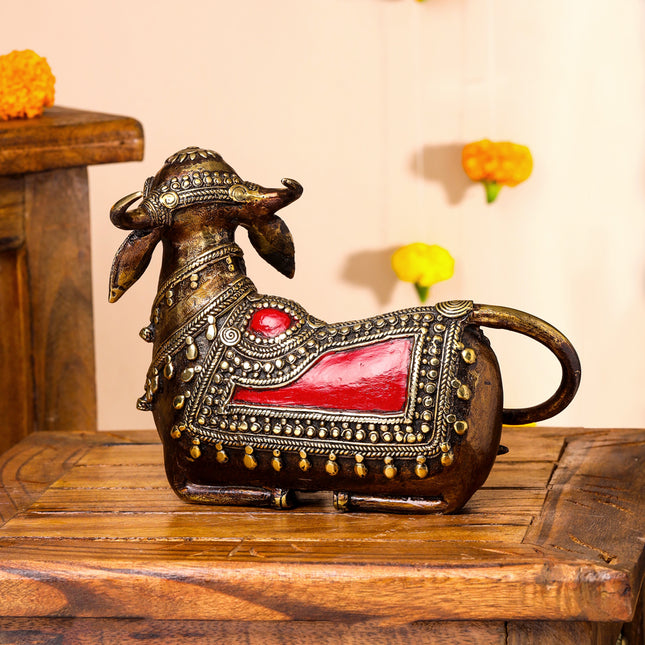 Brass Dhokra Sitting Kamdhenu Cow With Calf Idol (6 Inch)