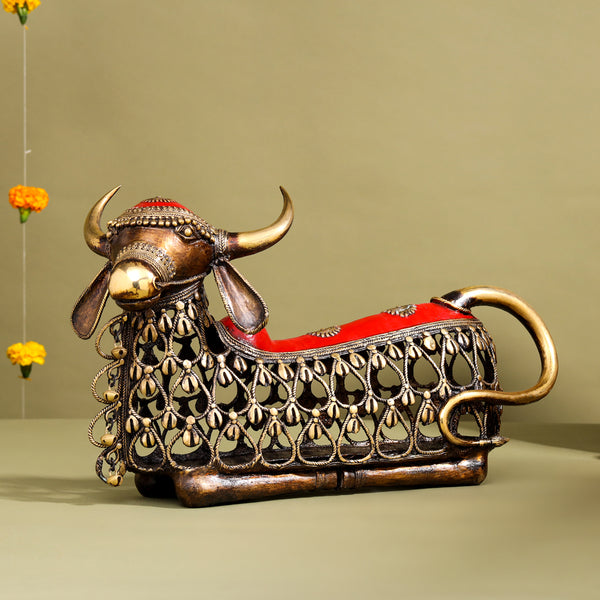 Brass Dhokra Sitting Jali Cow Idol (10 Inch)