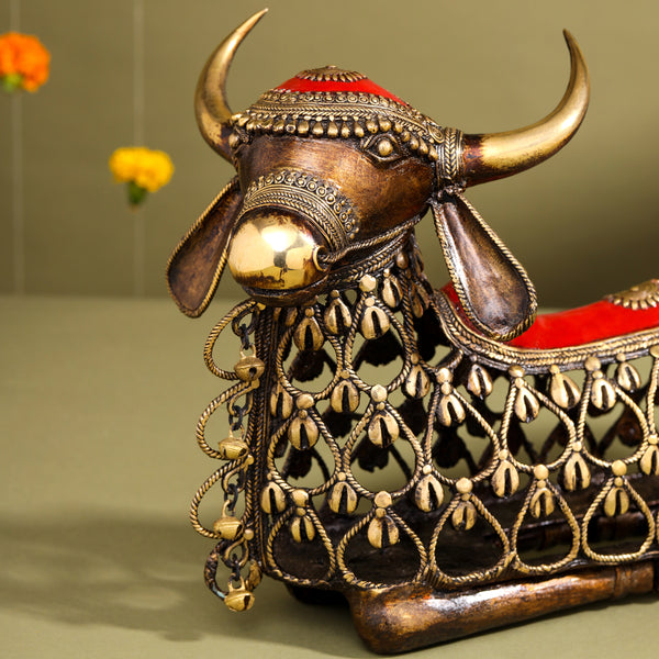 Brass Dhokra Sitting Jali Cow Idol (10 Inch)