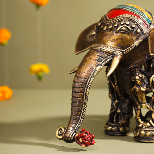 Brass Dhokra Elephant Down Trunk Statue (7 Inch)