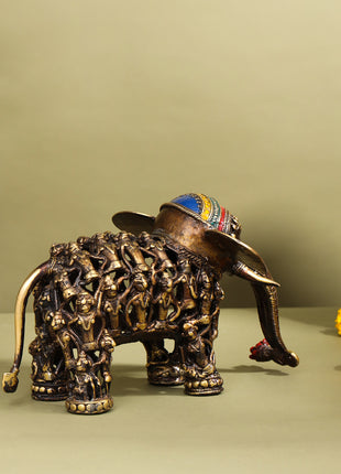 Brass Dhokra Elephant Down Trunk Statue (7 Inch)