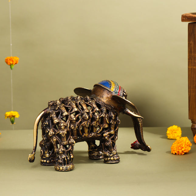 Brass Dhokra Elephant Down Trunk Statue (7 Inch)