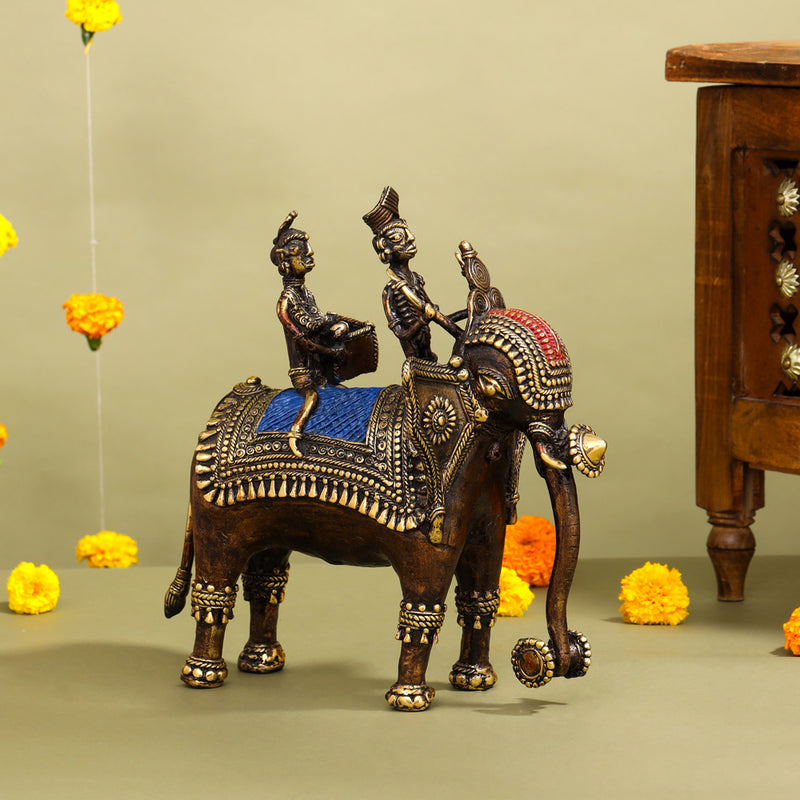 Brass Dhokra Elephant Down Trunk Statue (11.5 Inch)