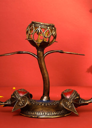 Brass Dhokra Elephant Lotus Candle Holder (11 Inch)