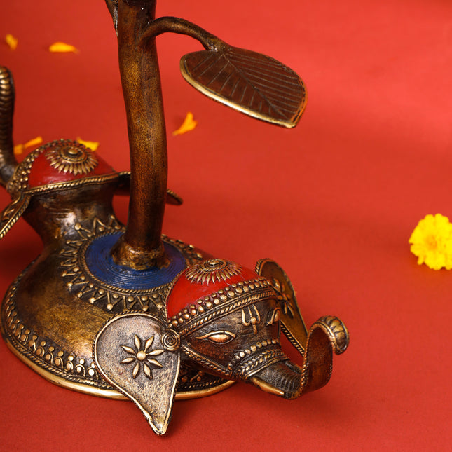 Brass Dhokra Elephant Lotus Candle Holder (11 Inch)