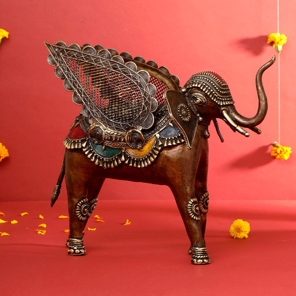 Brass Dhokra Elephant With Wings Statue (12.5 Inch)
