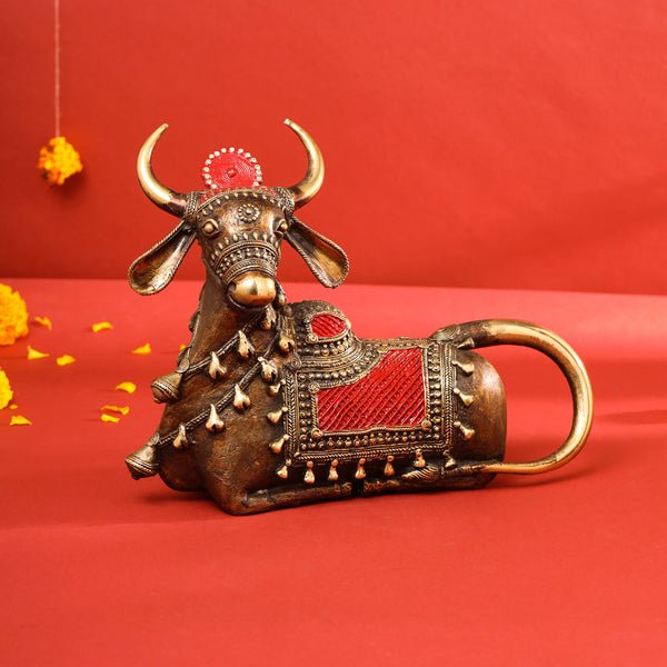 Brass Dhokra Sitting Cow Idol (8 Inch)