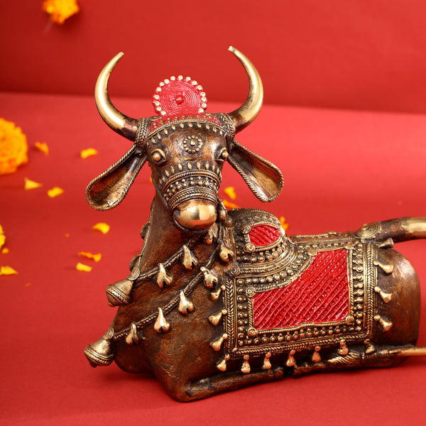 Brass Dhokra Sitting Cow Idol (8 Inch)