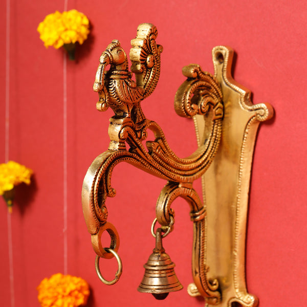 Brass Peacock Wall Mount Bracket With Bell (9 Inch)