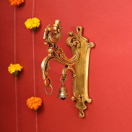 Brass Peacock Wall Mount Bracket With Bell (9 Inch)