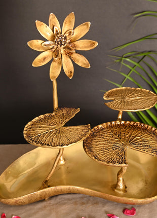 Brass Decorative Tray With Lotus Leaves (15.5 Inch)