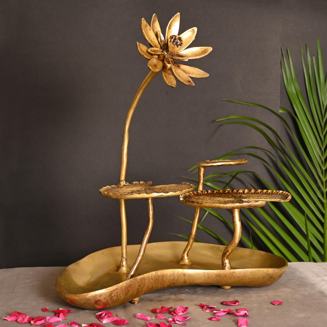 Brass Decorative Tray With Lotus Leaves (15.5 Inch)