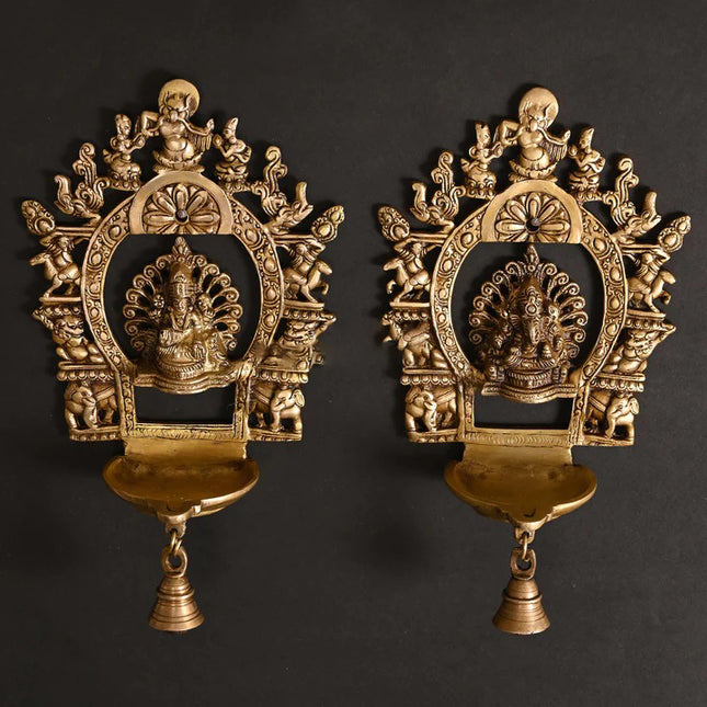 Brass Ganesha And Lakshmi Frames Diya With Bell (11.5 Inch)