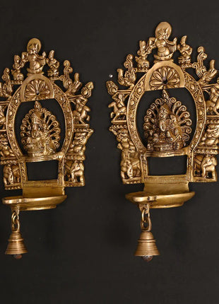 Brass Ganesha And Lakshmi Frames Diya With Bell (11.5 Inch)