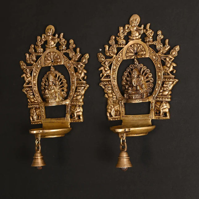 Brass Ganesha And Lakshmi Frames Diya With Bell (11.5 Inch)