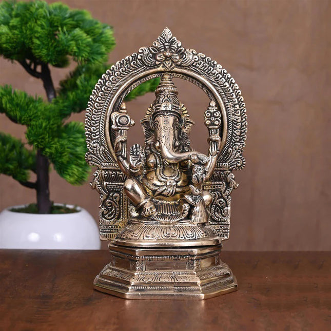 Brass Ganesha On Throne Idol (9.5 Inch)