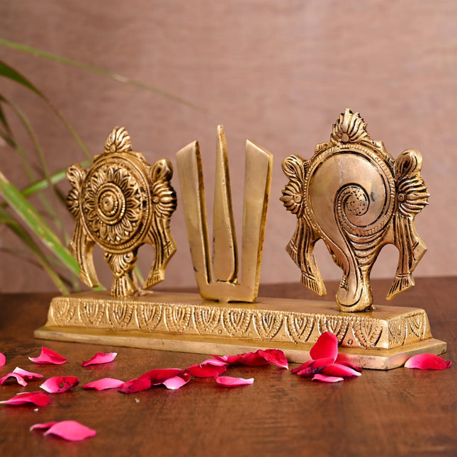 Brass Shankh Chakra Namah Religious Showpiece (4 Inch)
