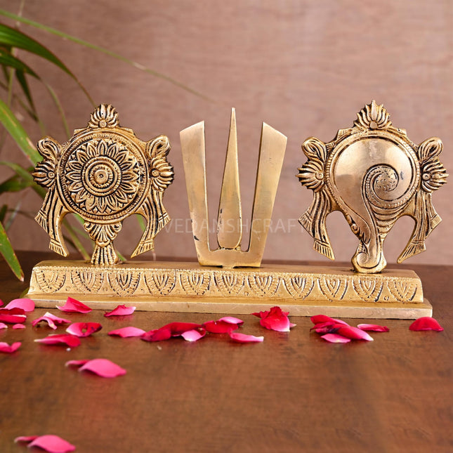 Brass Shankh Chakra Namah Religious Showpiece (4 Inch)